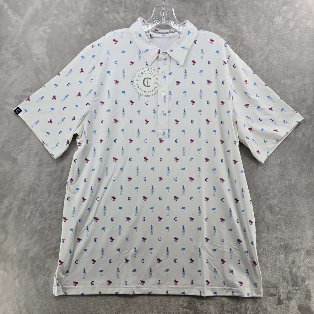 Criquet Polo Shirt Mens XL White Performance Golf Novelty Print Short Sleeve